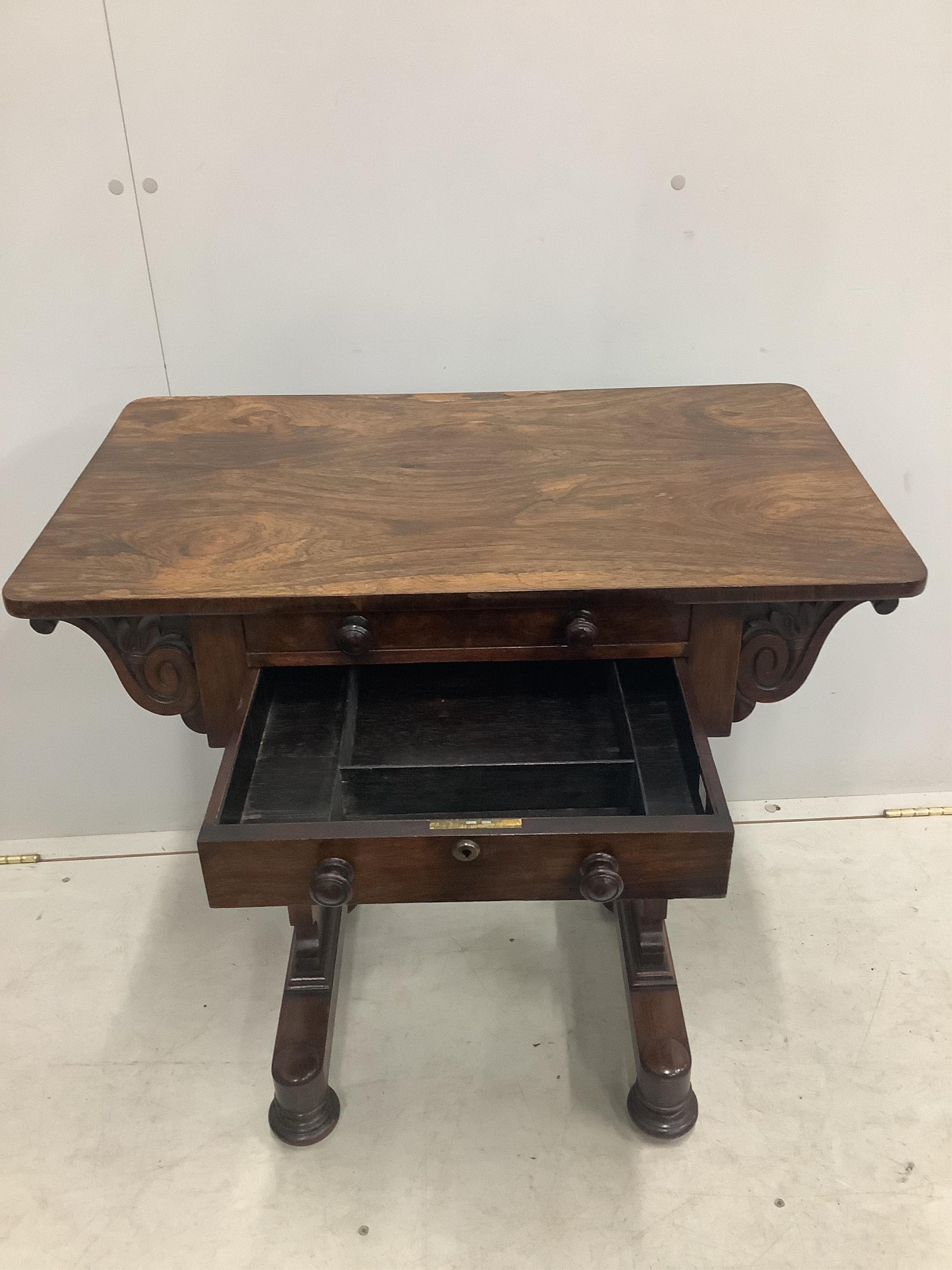 A William IV rosewood work table, width 71cm, depth 42cm, height 72cm. Condition - fair